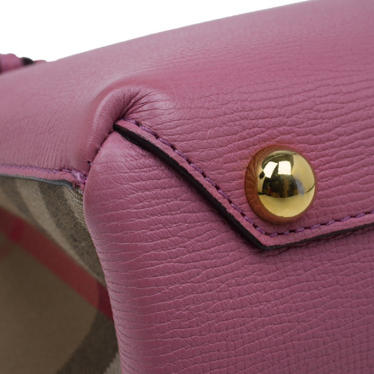 Pre Owned Burberry Pink House Check Leather Small Banner Top Handle Bag