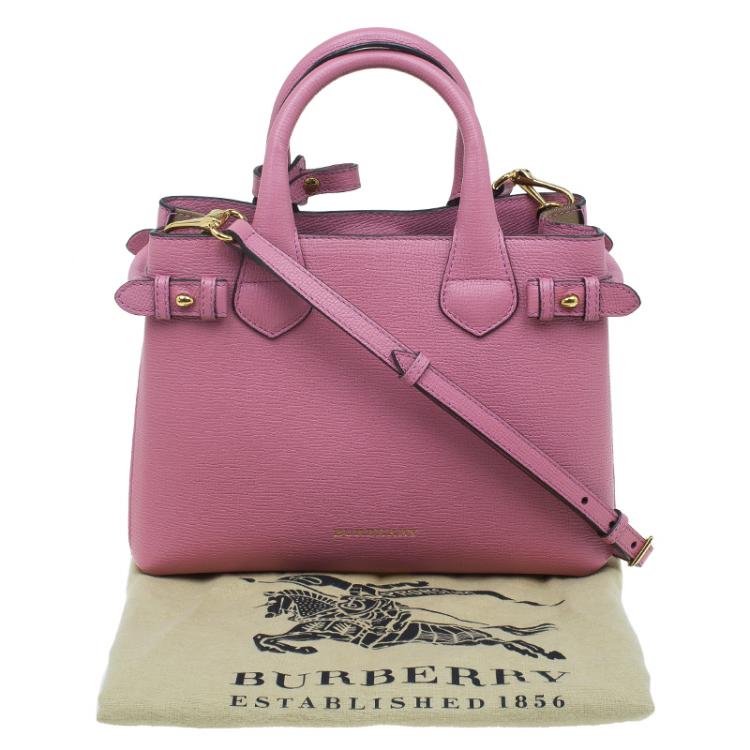 Pre Owned Burberry Pink House Check Leather Small Banner Top Handle Bag