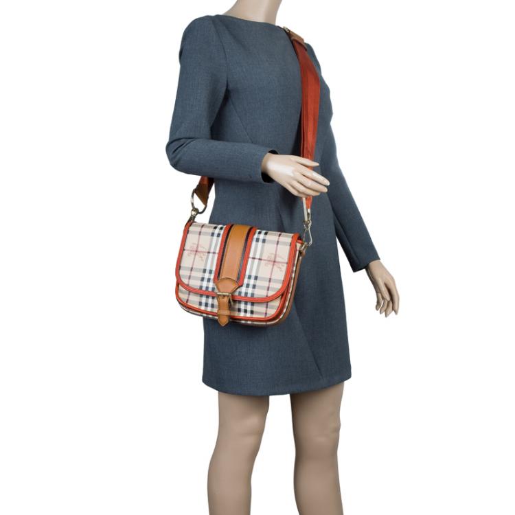Pre Owned Burberry Beige/Orange Classic Check Coated Canvas Messenger Bag