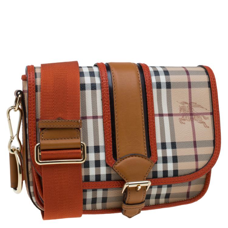 Pre Owned Burberry Beige/Orange Classic Check Coated Canvas Messenger Bag