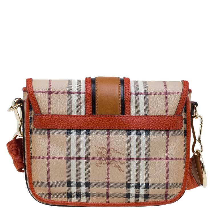 Pre Owned Burberry Beige/Orange Classic Check Coated Canvas Messenger Bag