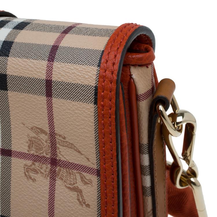 Pre Owned Burberry Beige/Orange Classic Check Coated Canvas Messenger Bag