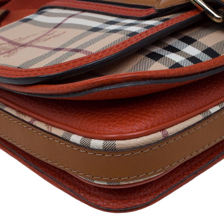 Pre Owned Burberry Beige/Orange Classic Check Coated Canvas Messenger Bag