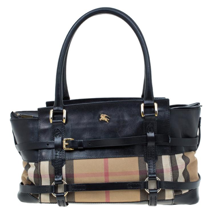 Pre Owned Burberry Black Leather Bridle House Check Canvas Satchel