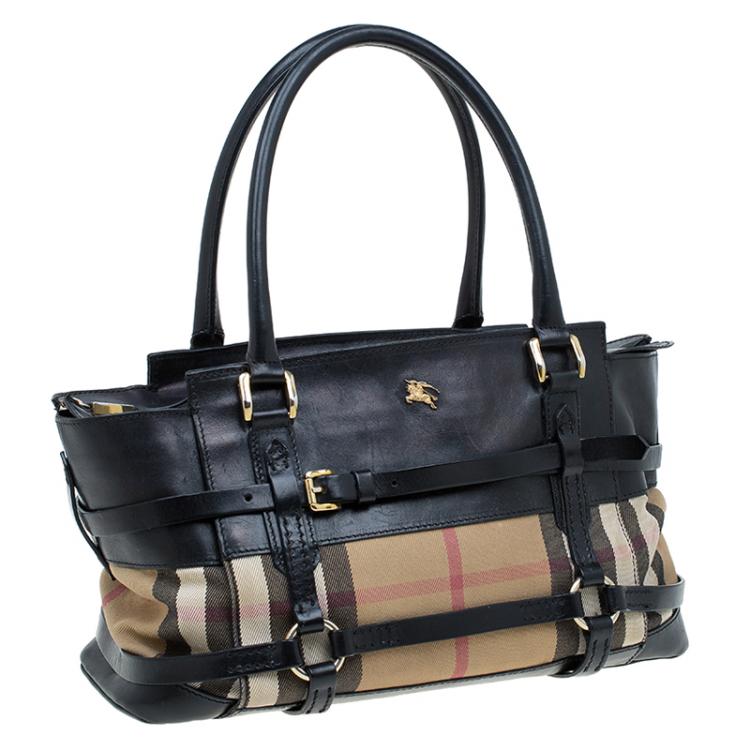 Pre Owned Burberry Black Leather Bridle House Check Canvas Satchel
