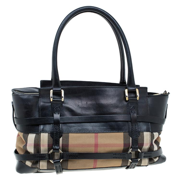 Pre Owned Burberry Black Leather Bridle House Check Canvas Satchel