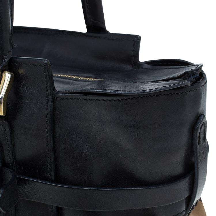 Pre Owned Burberry Black Leather Bridle House Check Canvas Satchel