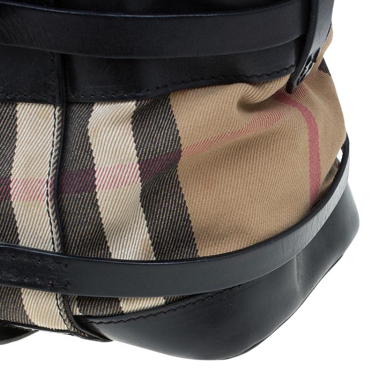 Pre Owned Burberry Black Leather Bridle House Check Canvas Satchel