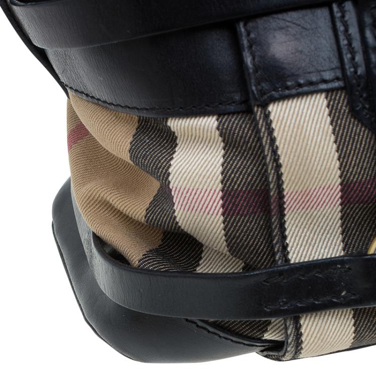 Pre Owned Burberry Black Leather Bridle House Check Canvas Satchel