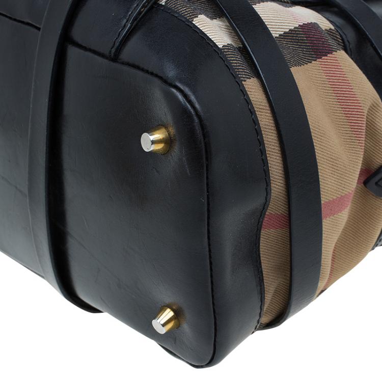 Pre Owned Burberry Black Leather Bridle House Check Canvas Satchel