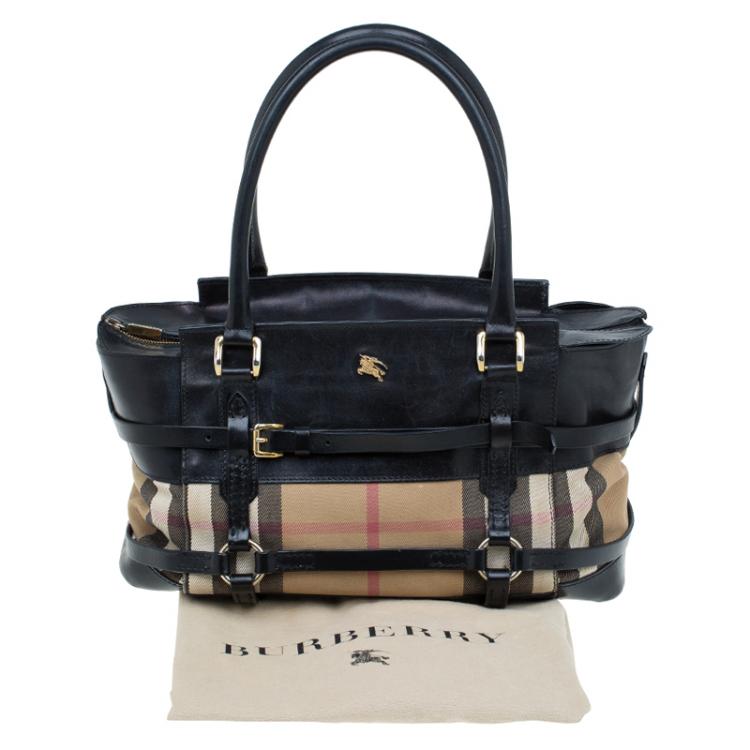 Pre Owned Burberry Black Leather Bridle House Check Canvas Satchel
