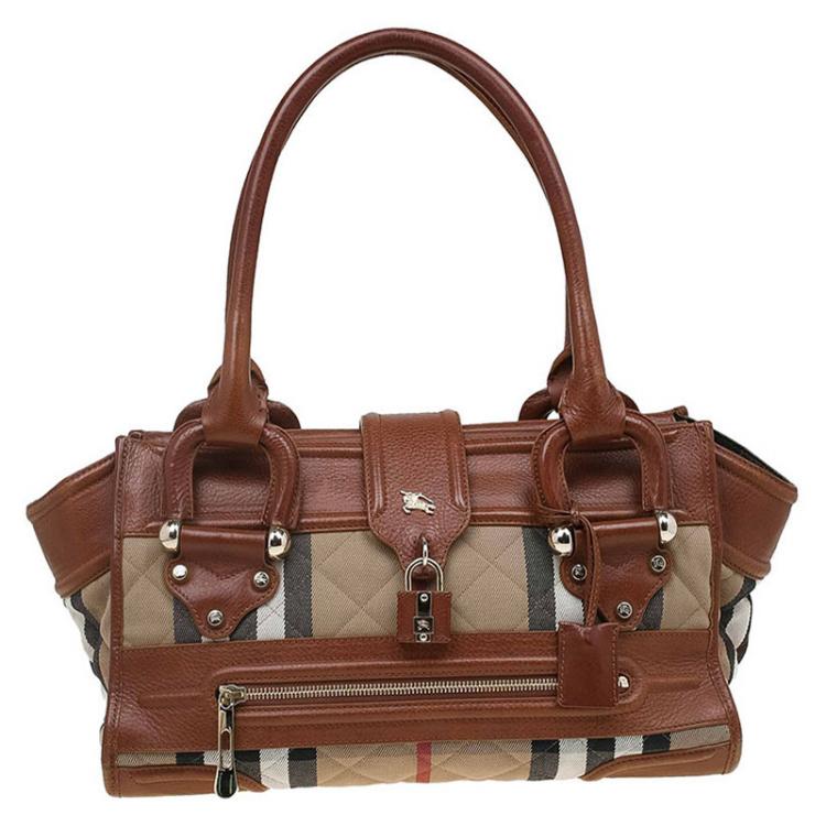 Pre Owned Burberry Brown Quilted Fabric Leather House Check Manor Satchel