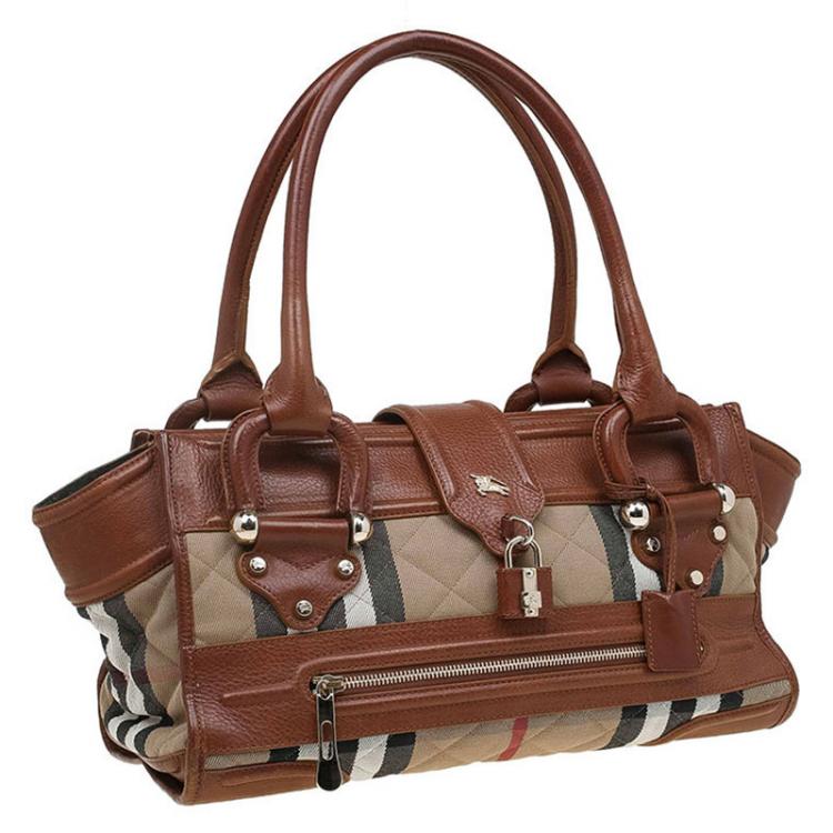 Pre Owned Burberry Brown Quilted Fabric Leather House Check Manor Satchel