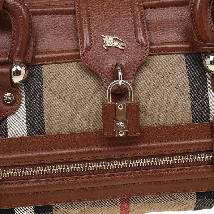 Pre Owned Burberry Brown Quilted Fabric Leather House Check Manor Satchel