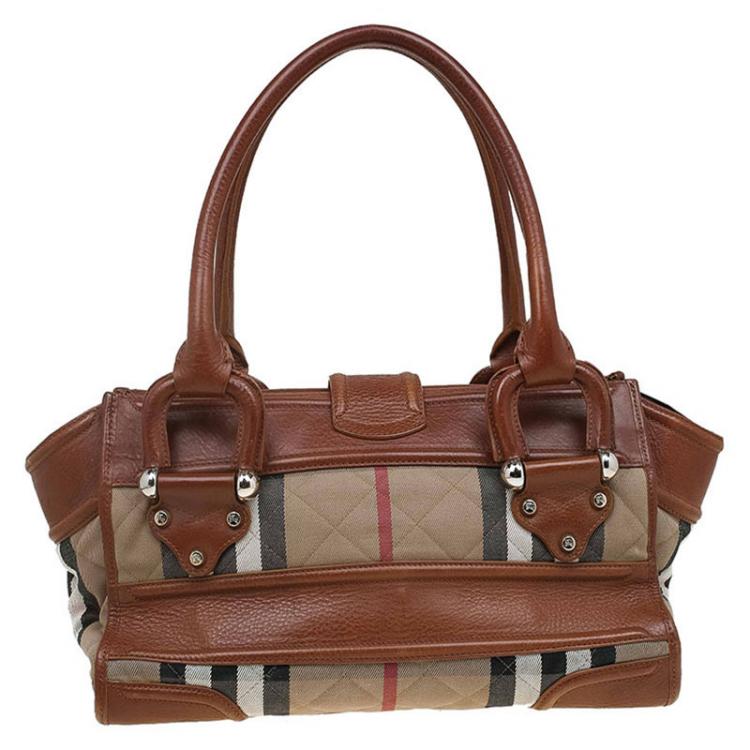 Pre Owned Burberry Brown Quilted Fabric Leather House Check Manor Satchel