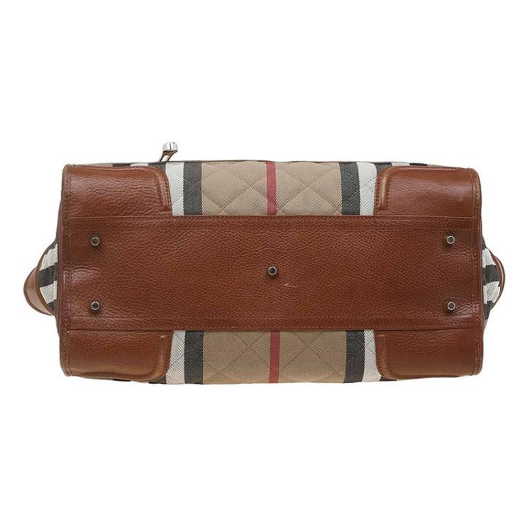 Pre Owned Burberry Brown Quilted Fabric Leather House Check Manor Satchel