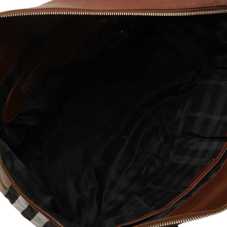 Pre Owned Burberry Brown Quilted Fabric Leather House Check Manor Satchel