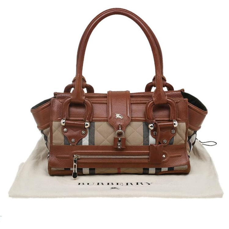 Pre Owned Burberry Brown Quilted Fabric Leather House Check Manor Satchel