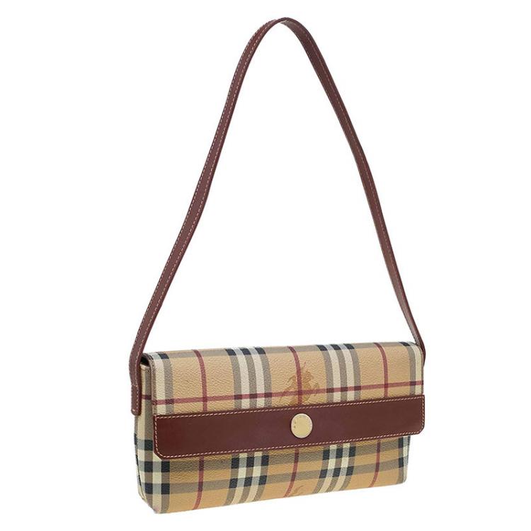 Pre Owned Burberry Brown Coated Canvas Classic Check Shoulder Bag