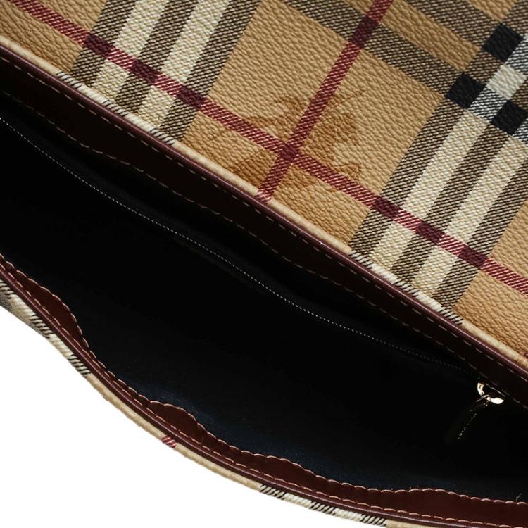 Pre Owned Burberry Brown Coated Canvas Classic Check Shoulder Bag