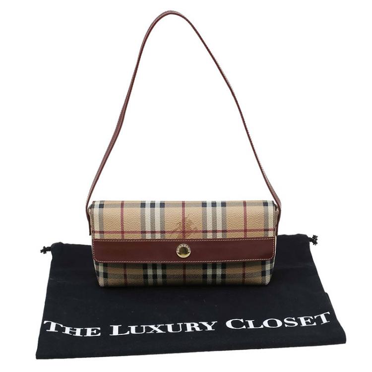 Pre Owned Burberry Brown Coated Canvas Classic Check Shoulder Bag