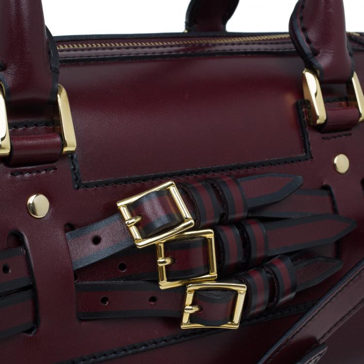 Pre Owned Burberry Burgundy Bridle Leather Belted Bowling Bag