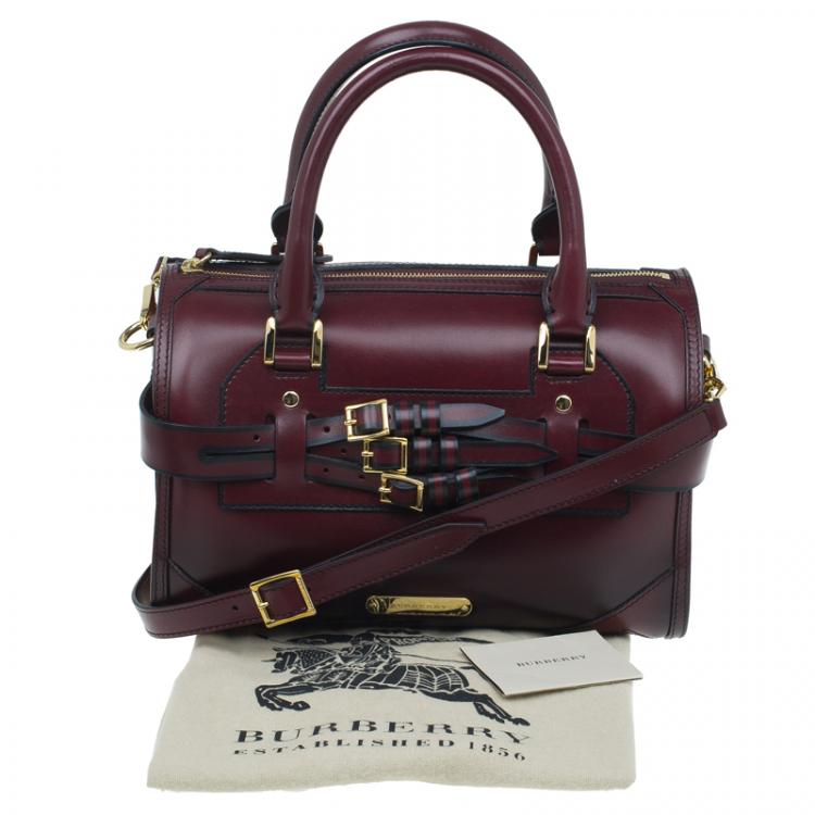 Pre Owned Burberry Burgundy Bridle Leather Belted Bowling Bag