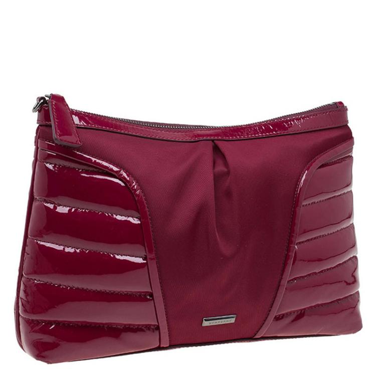 Pre Owned Burberry Burgundy Nylon and Patent Leather Large Westchester Clutch