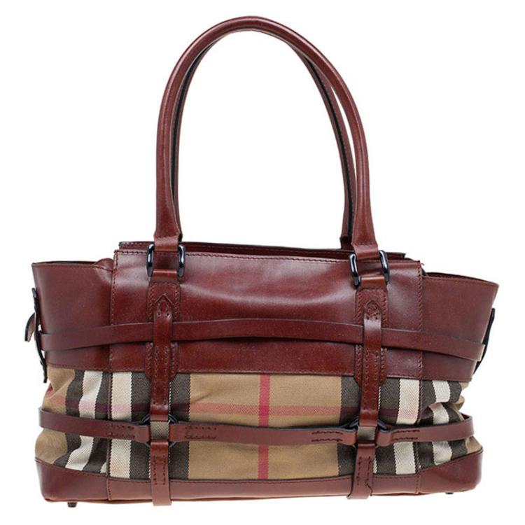 Pre Owned Burberry Brown Leather Bridle House Check Canvas Satchel