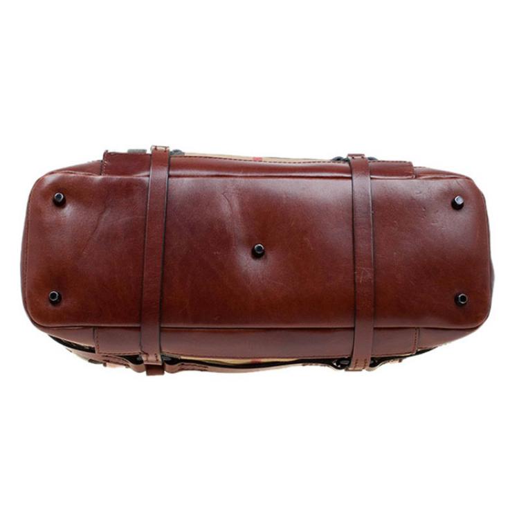 Pre Owned Burberry Brown Leather Bridle House Check Canvas Satchel