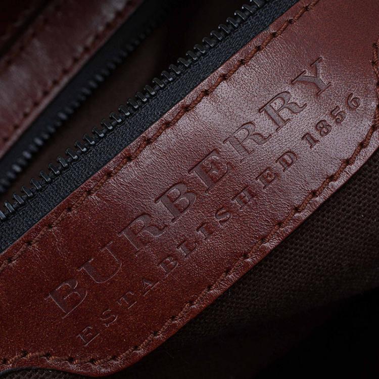 Pre Owned Burberry Brown Leather Bridle House Check Canvas Satchel