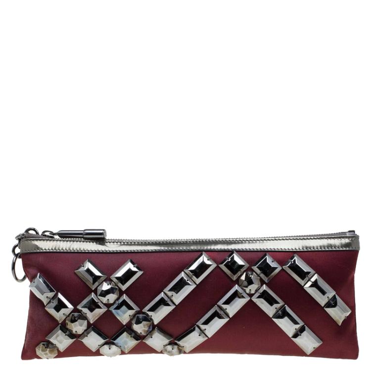 Pre Owned Burberry Burgundy Satin Embellished Clutch