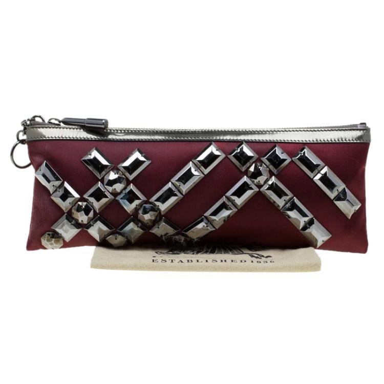 Pre Owned Burberry Burgundy Satin Embellished Clutch
