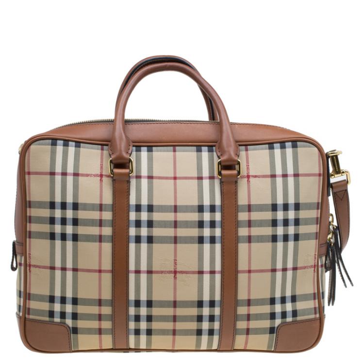 Pre Owned Burberry Beige/Brown Newburgh Canvas and Leather Horseferry Briefcase