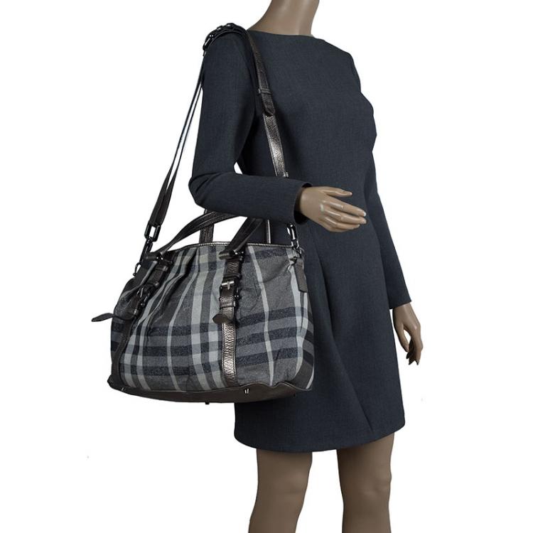 Pre Owned Burberry Metallic Grey Beat Check Canvas Medium Lowry Tote