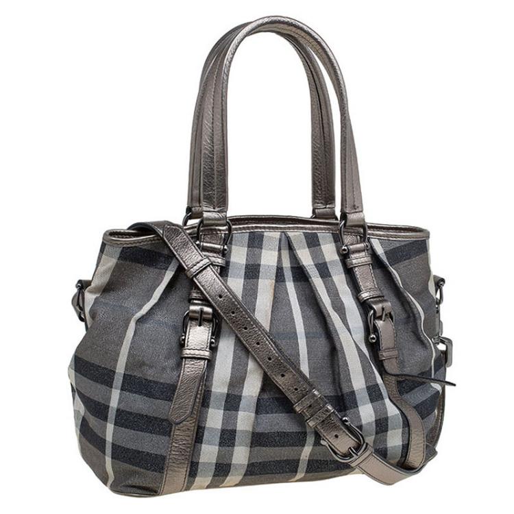Pre Owned Burberry Metallic Grey Beat Check Canvas Medium Lowry Tote
