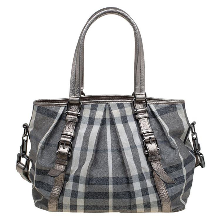 Pre Owned Burberry Metallic Grey Beat Check Canvas Medium Lowry Tote