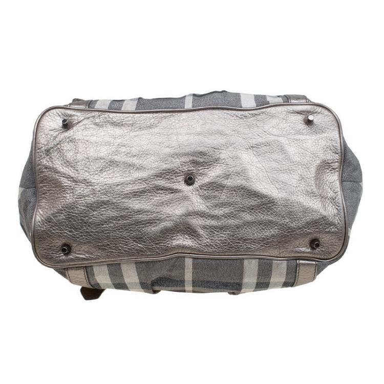 Pre Owned Burberry Metallic Grey Beat Check Canvas Medium Lowry Tote