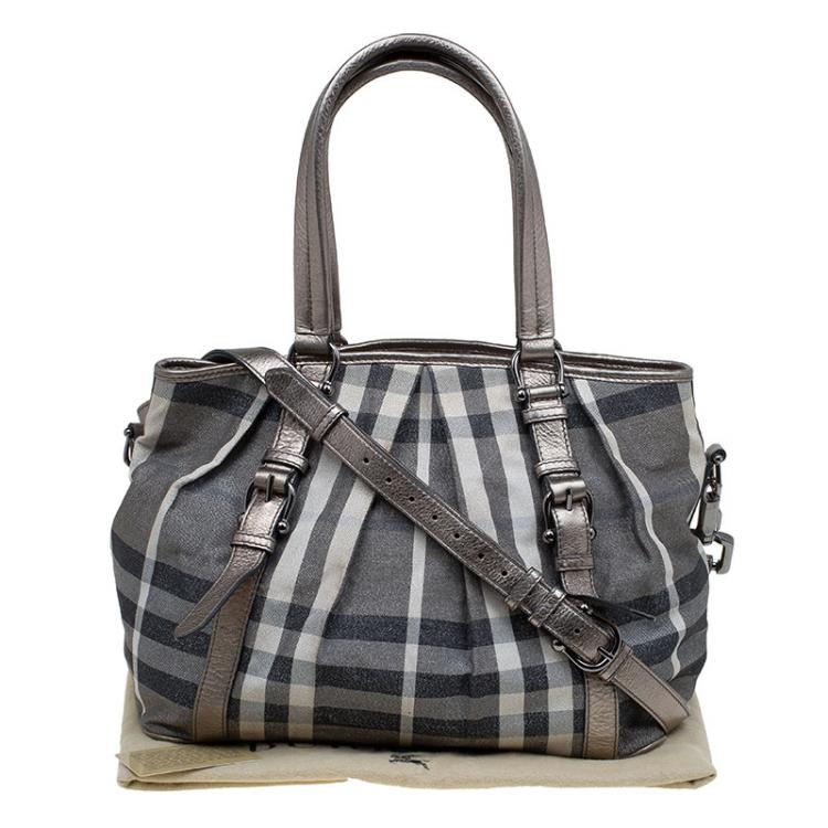 Pre Owned Burberry Metallic Grey Beat Check Canvas Medium Lowry Tote
