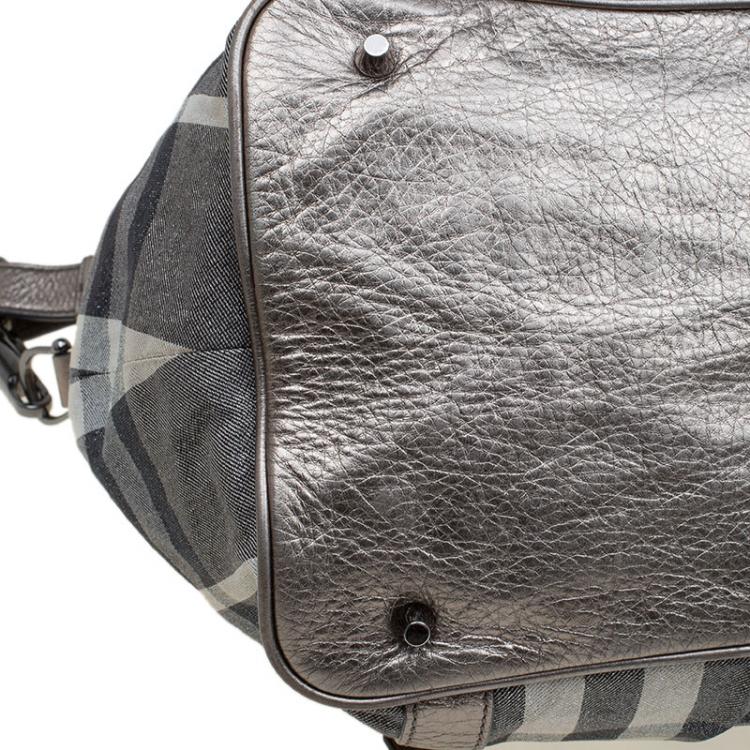 Pre Owned Burberry Metallic Grey Beat Check Canvas Medium Lowry Tote