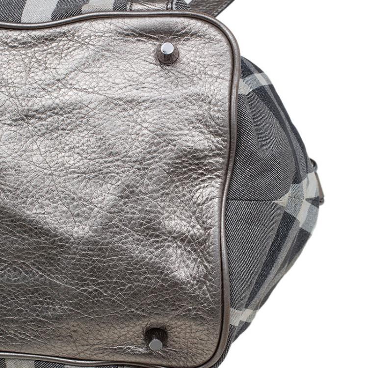 Pre Owned Burberry Metallic Grey Beat Check Canvas Medium Lowry Tote