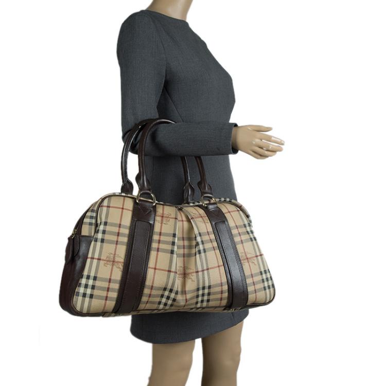 Pre Owned Burberry Beige/Brown Haymarket Check Canvas and Leather Ashbury Knight Satchel
