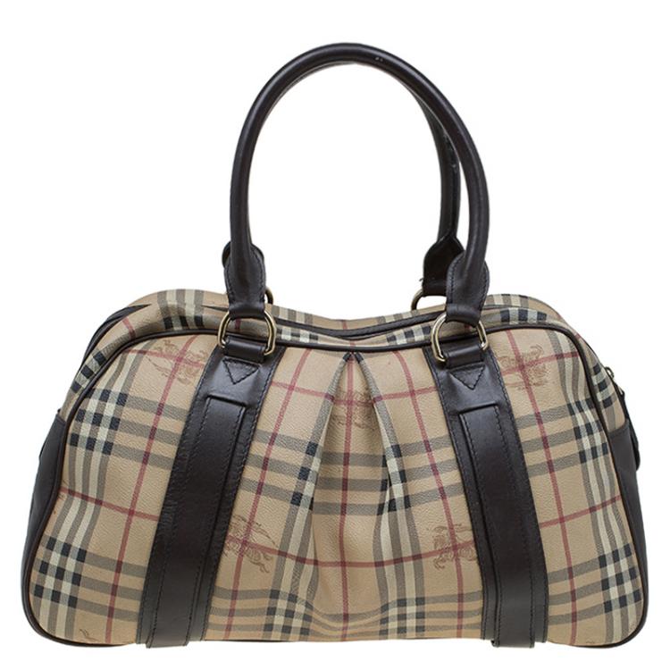 Pre Owned Burberry Beige/Brown Haymarket Check Canvas and Leather Ashbury Knight Satchel