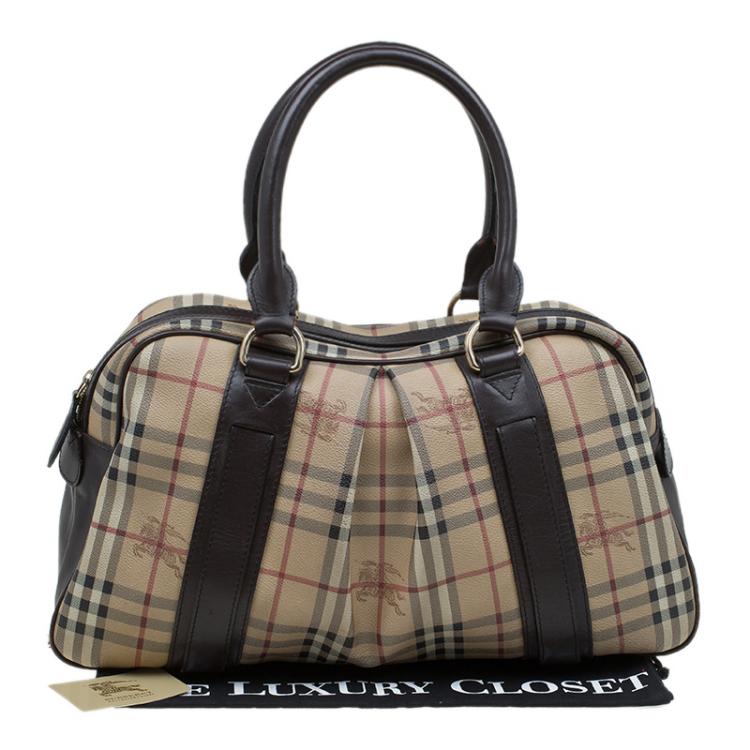 Pre Owned Burberry Beige/Brown Haymarket Check Canvas and Leather Ashbury Knight Satchel
