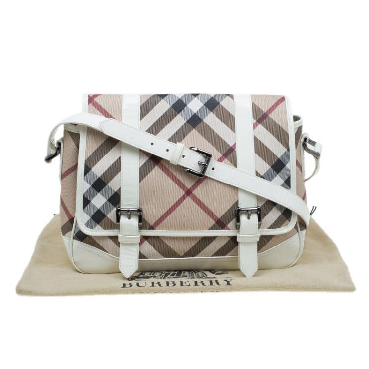 Pre Owned Burberry Beige/White Nova Check PVC Messenger Flap Bag