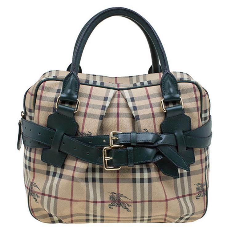 Pre Owned Burberry Green/Beige Haymarket Check Coated Canvas Satchel