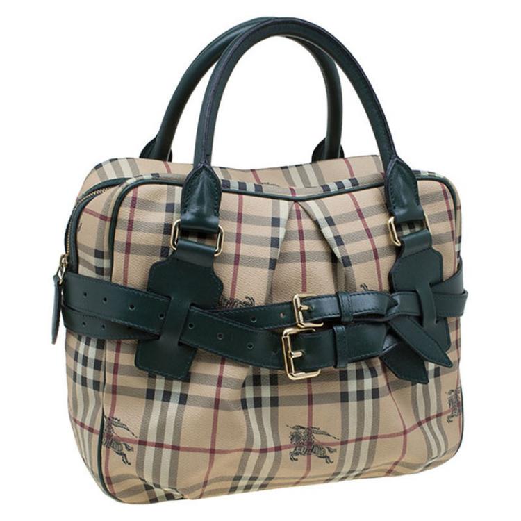 Pre Owned Burberry Green/Beige Haymarket Check Coated Canvas Satchel
