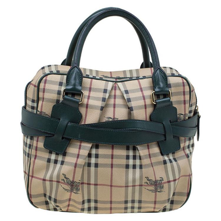 Pre Owned Burberry Green/Beige Haymarket Check Coated Canvas Satchel