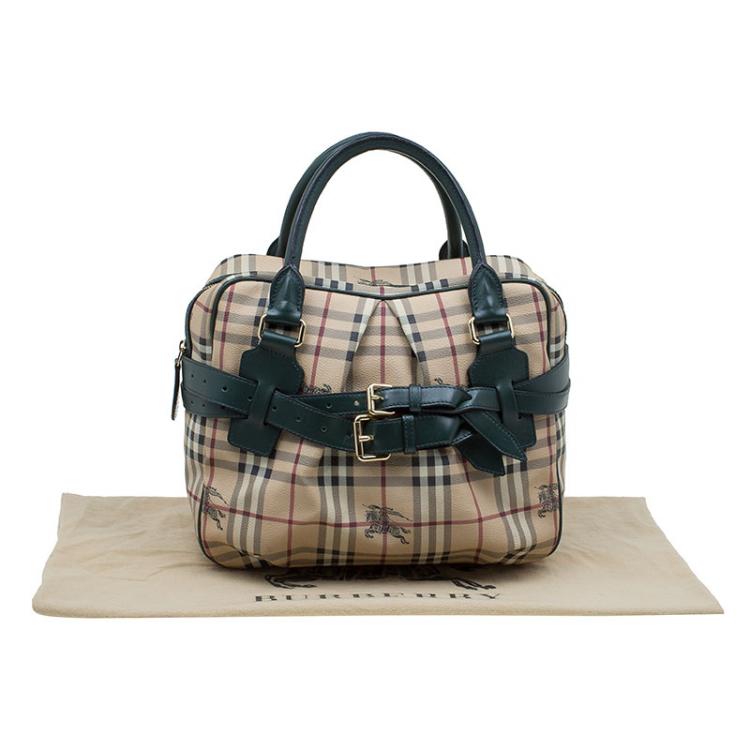 Pre Owned Burberry Green/Beige Haymarket Check Coated Canvas Satchel