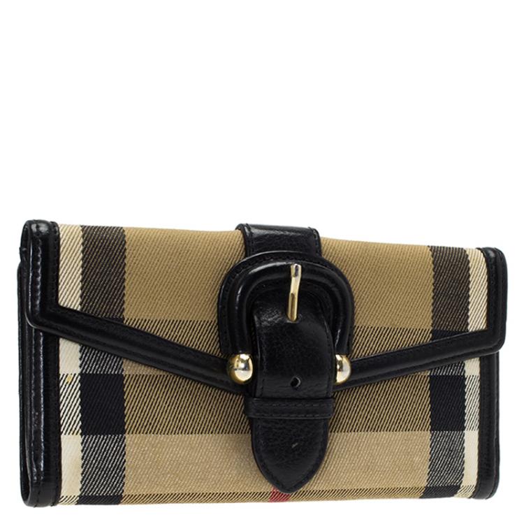 Pre Owned Burberry Beige/Black House Check Fabric Large D-Ring Wallet